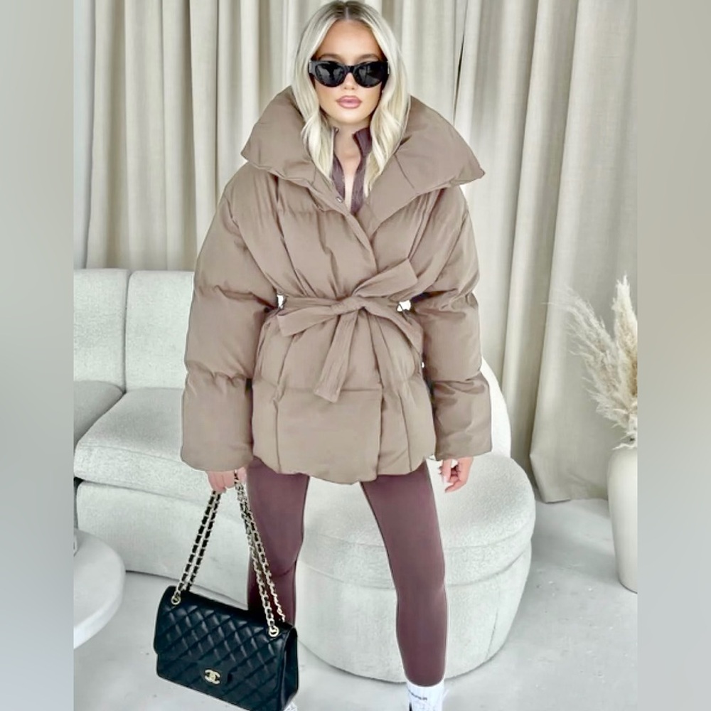 Taupe tie belt belted puffer jacket coat - Picture 2 of 4
